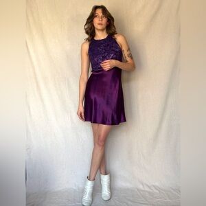 90s Deep Purple Mini Satin & Lace Keyhole Slip Dress